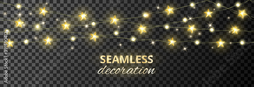 Seamless decoration with golden stars. Isolated glowing lights, vector illustration.Sparkling border, frame.Holiday background for Christmas, New year banners, wedding or birthday cards, party posters