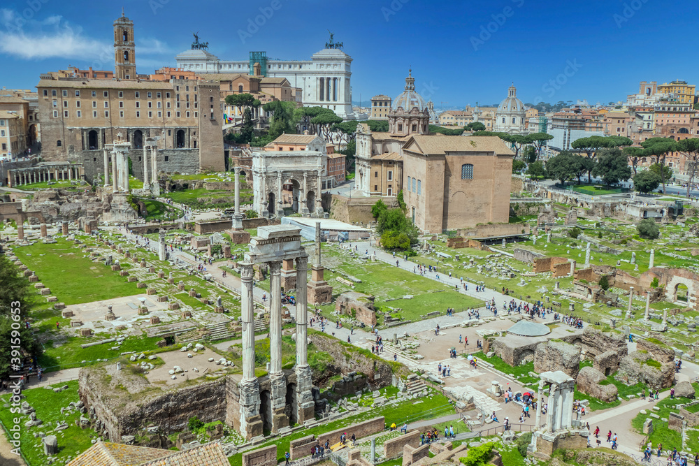aerial panoramic view of the ruins of the Roman Forum