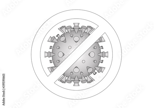 Stop virus graphic illustration in black and white: covid 19 drawn in 3d graphics. Illustration for vaccine coronavirus, variant, omicron, pollen, virus, dust, star, sars.