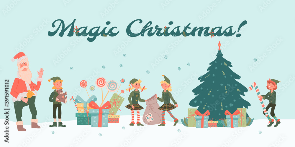 Magic Christmas poster or banner design with cute little elves and Santa Claus, flat vector illustration. Christmas and New Year background template with cartoon elves. Magic Christmas poster or banner design with cute little elves and Santa Claus, flat vector illustration. Christmas and New Year background template with cartoon elves.