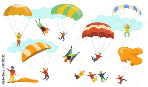 Parachutists vector illustrations set. People on hardhats and masks flying with parachutes and paragliders. For skydiving, danger hobby, adrenaline, sport concept
