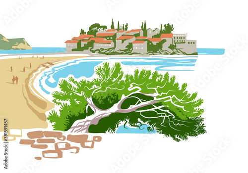 Traditional houses by the Adriatic Sea.  Sveti Stefan. Montenegro