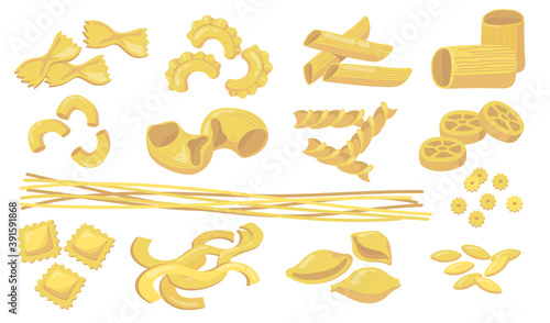 Variety of pasta set. Raw wheat macaroni, noodles, penne, ravioli, spaghetti isolated on white background. Vector illustration for ingredients, cooking, Italian cuisine, food concept