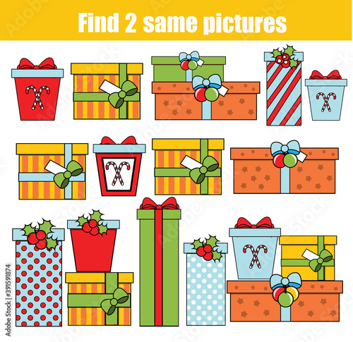 children educational game. Find the same pictures. Spot two Christmas gifts. new year fun for kids and toddlers
