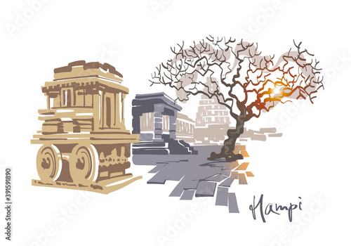 Ancient indian temple with tree and stone chariot. Hampi, India