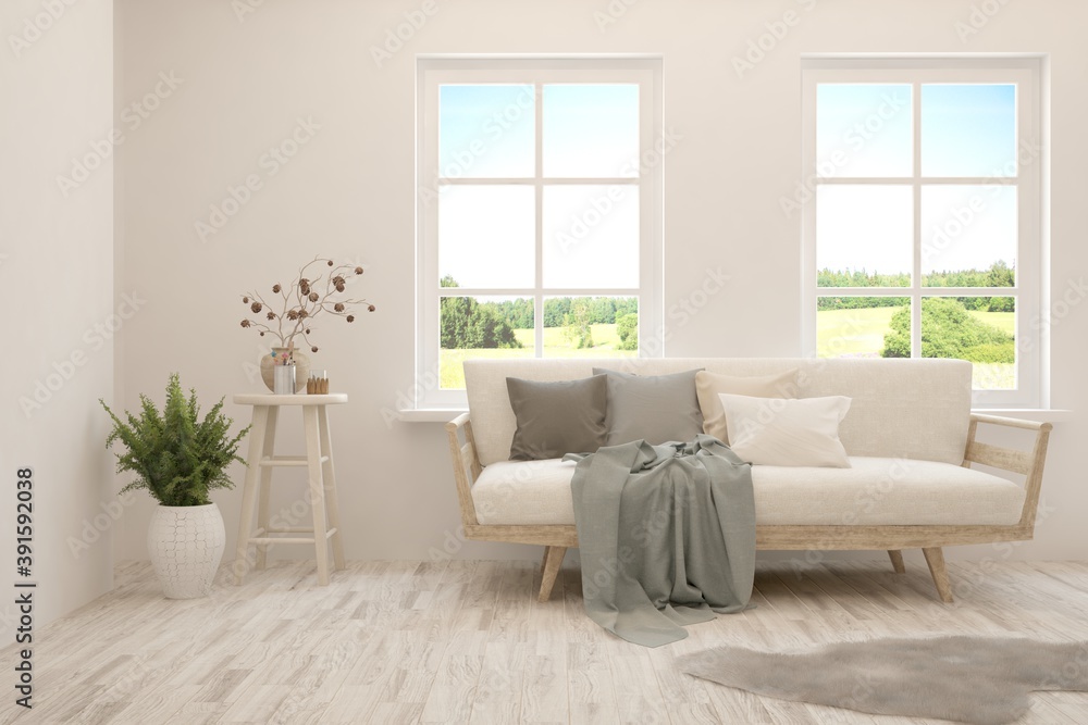 White living room with sofa and summer landscape in window. Scandinavian interior design. 3D illustration White living room with sofa and summer landscape in window. Scandinavian interior design. 3D illustration