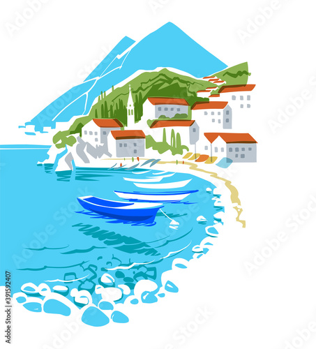 Traditional houses and boats by the Adriatic Sea. Montenegro