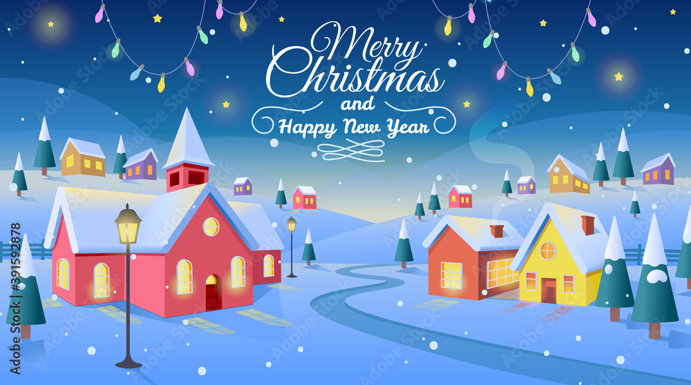 Winter village. Christmas background with houses and the church. Vector cartoon illustration.