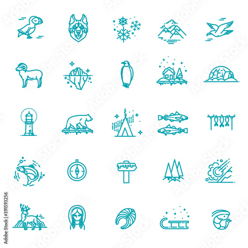 Thin line Arctic icons set
