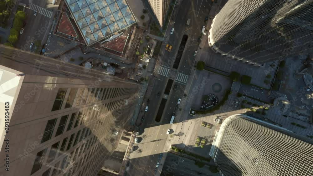 Little Car traffic on Main Road of Big City Downtown Los Angeles, due to Covid 19 Coronavirus Pandemic Lockdown restrictions, Aerial Birds Eye Overhead View Little Car traffic on Main Road of Big City Downtown Los Angeles, due to Covid 19 Coronavirus Pandemic Lockdown restrictions, Aerial Birds Eye Overhead View