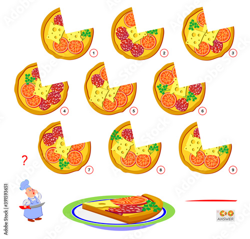 Logic puzzle game for children and adults. Find the pizza that cook has cut off the slice. Page for kids brain teaser book. IQ test. Play online. Memory exercise for seniors.