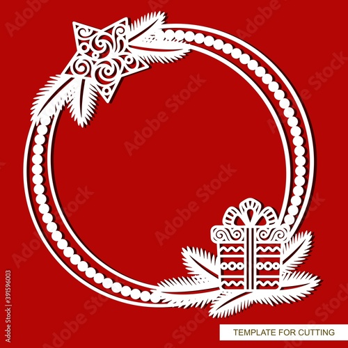 Round Christmas frame. Decoration of fir branches, stars, gift box. New Year's theme. Template for plotter laser cutting (cnc) of paper, cardboard, plywood, wood carving, metal. Vector illustration.