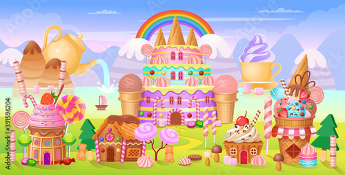 Сandy city with cake castle, houses cakes, ice creams, sweets, lollipops and cookies. Panorama of candy town.Vector cartoon background for kids games.