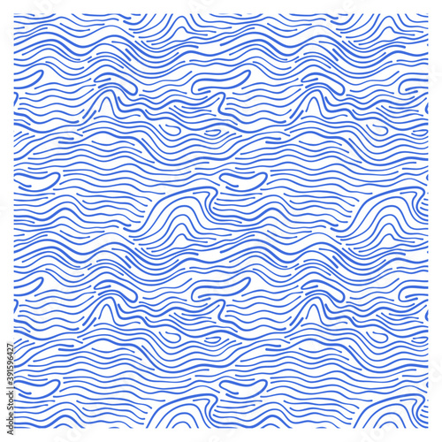 Seamless pattern of surging waves in a blue line.