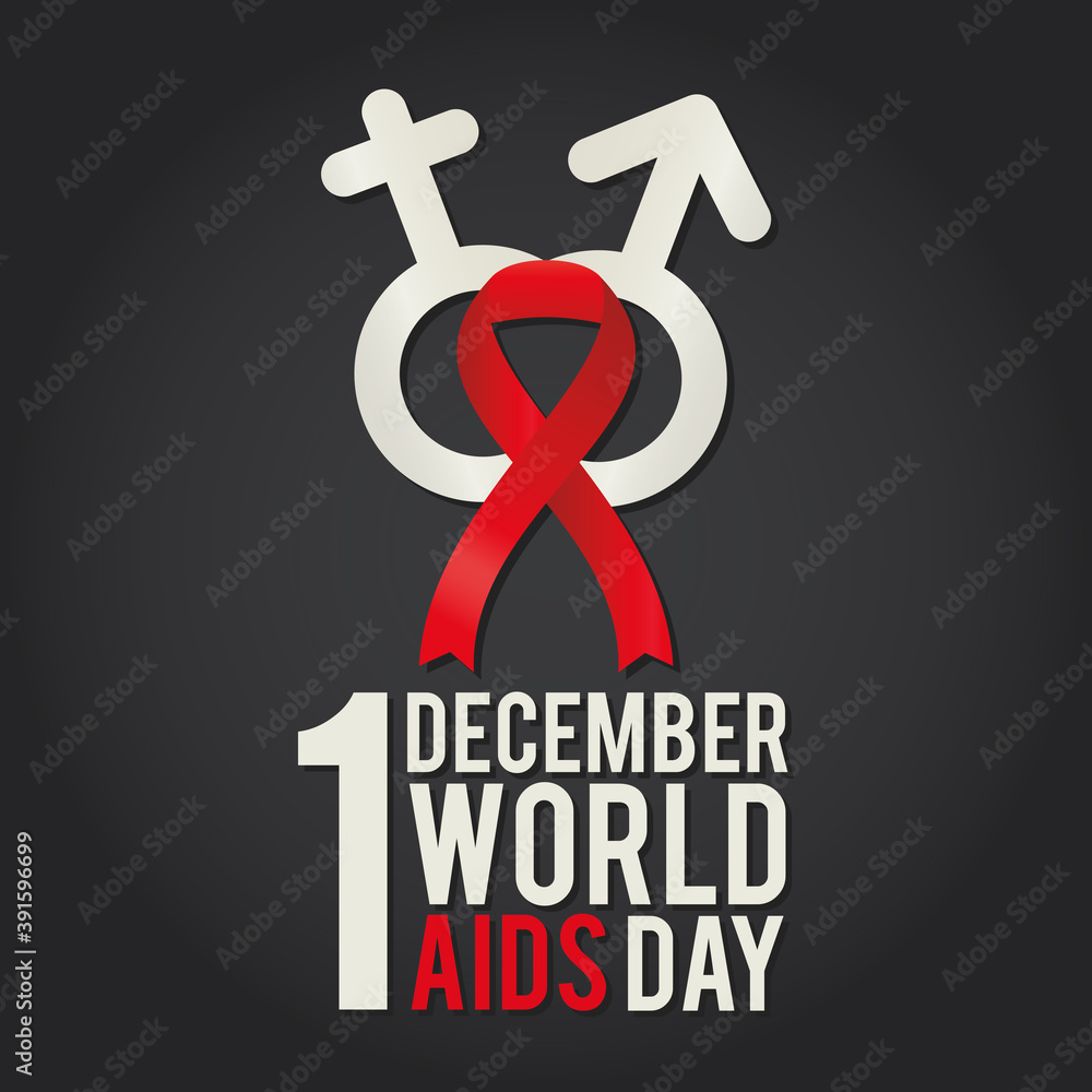1 december world aids day lettering with a ribbon and gender symbols 1 december world aids day lettering with a ribbon and gender symbols