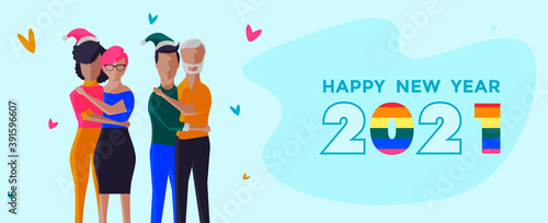 group of same-sex couples embraced and together celebrating holidays, next to them a text that says happy new year 2021. happy new year concept.