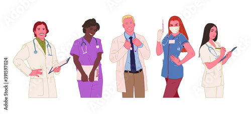Set of doctors characters. Medical team concept in vector illustration design. Medical staff doctor nurse therapist surgeon professional hospital workers, group of medics.
