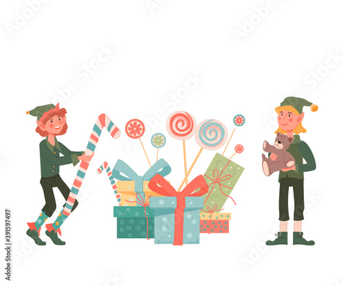 Two Christmas cute boys elves standing near pile of gift boxes, flat vector illustration isolated on white background. Elves characters for Xmas and New Year card and print.