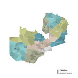Zambia higt detailed map with subdivisions. Administrative map of Zambia with districts and cities name, colored by states and administrative districts. Vector illustration 