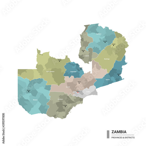 Zambia higt detailed map with subdivisions. Administrative map of Zambia with districts and cities name, colored by states and administrative districts. Vector illustration 