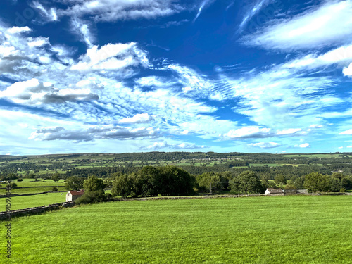 Rural landscape, with extensive meadows, fields, farms and trees in, West Witton, Leyburn, UK photo
