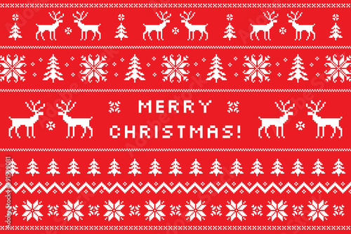 Merry Christmas greeting card with classical winter sweater design. Nordic knitted pattern with deers, snowflakes and borders. Traditional xmas background. Vector illustration photo