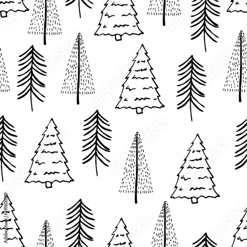 Handmade black and white drawing. A pattern from different sketches of Christmas trees.