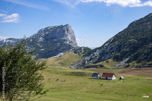 Fantastic mountains of Montenegro. A lonely house among the mountains. Picturesque mountain landscape of Durmitor National Park, Montenegro, Europe, Balkans, Dinaric Alps, UNESCO World Heritage Site.