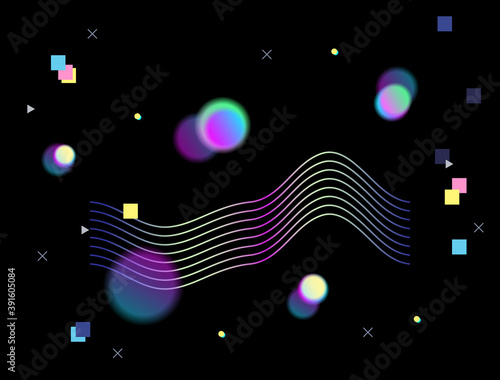 Abstract background. Trendy retro 80s 90s style. Pattern. Vector artwork. Retrowave, synthwave, rave, vapor. Yesterday’s tomorrow. Print, poster, banner. Blue, black, pink, yellow, green, purple color