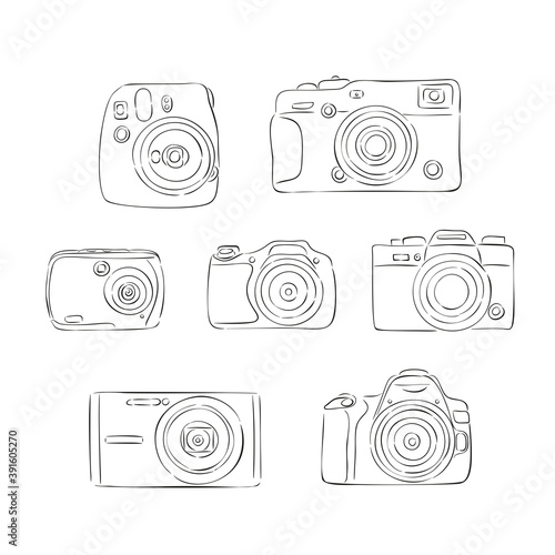 Colorful pastel vector illustration set of retro camera. Hand drawn vintage cameras line ink. Sketch and doodle style. Hand drawn.