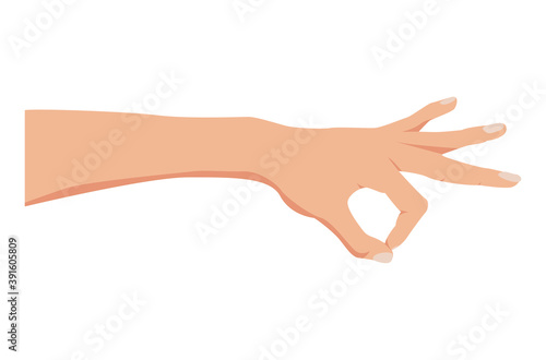 Hand picking something. Okay gesture. Hand isolated on a white background. Gesture pinching, hold, two fingers close. Vector illustration, flat cartoon design, eps 10.