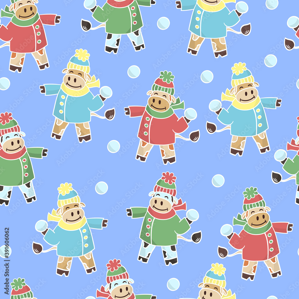 Seamless pattern with cartoon bulls for winter fun, the symbol of 2021