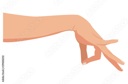 Hand picking something. Okay gesture. Hand isolated on a white background. Gesture pinching, hold, two fingers close. Vector illustration, flat cartoon design, eps 10.
