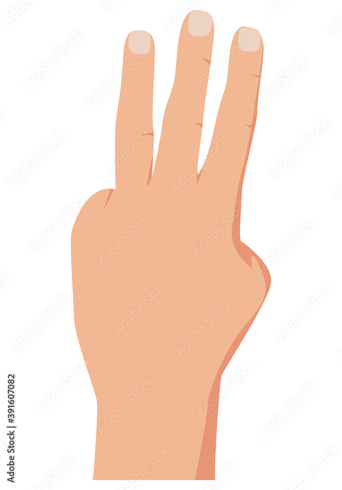 Gesture with lifted fingers up showing number three. Vector illustration of counting hand isolated on white background Gesture with lifted fingers up showing number three. Vector illustration of counting hand isolated on white background