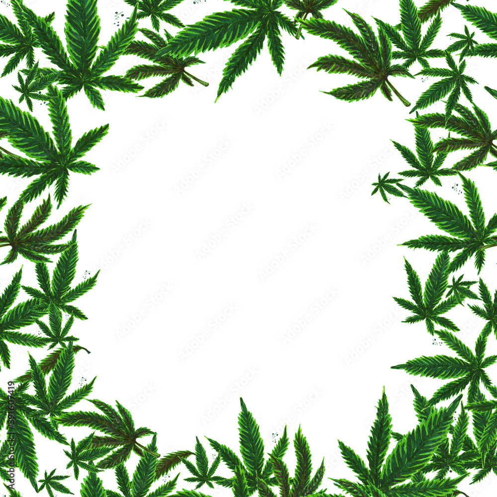 Illustration of an abstract frame of hemp leaves inside a white background. Blank for designers, vegan food, shop, postcard, logo, clothing, textiles, bed Illustration of an abstract frame of hemp leaves inside a white background. Blank for designers, vegan food, shop, postcard, logo, clothing, textiles, bed