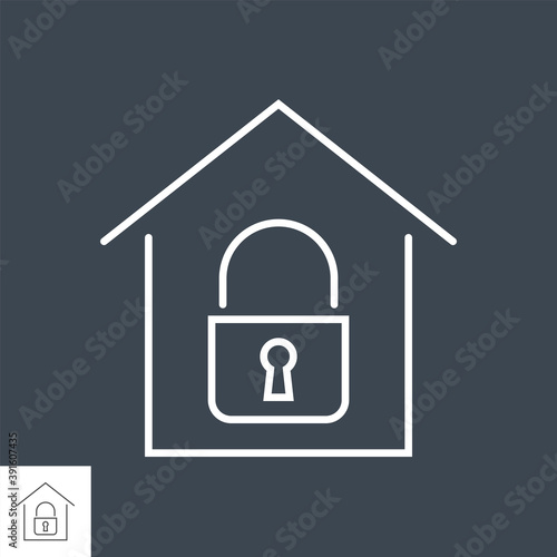 Quarantine related vector thin line icon. Simple house icon with lock inside. Isolated on black background. Editable stroke. Vector illustration.