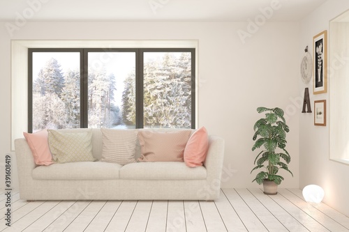 White living room with sofa and winter landscape in window. Scandinavian interior design. 3D illustration