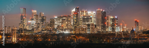 Canary Wharf Business District in East London - Skyline Panorama Autumn 2020 photo