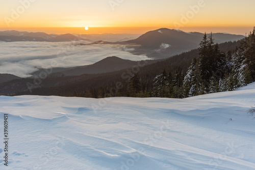 Winter in the Ukrainian Carpathian mountains with morning fogs © reme80