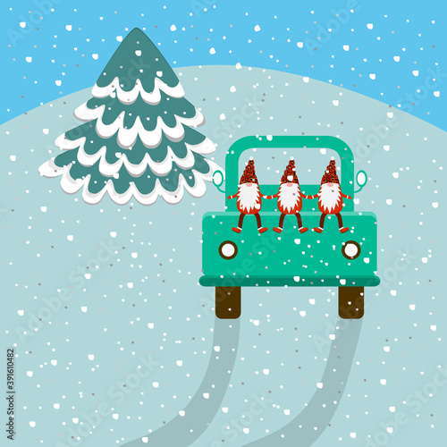 Christmas gnomes ride in a truck