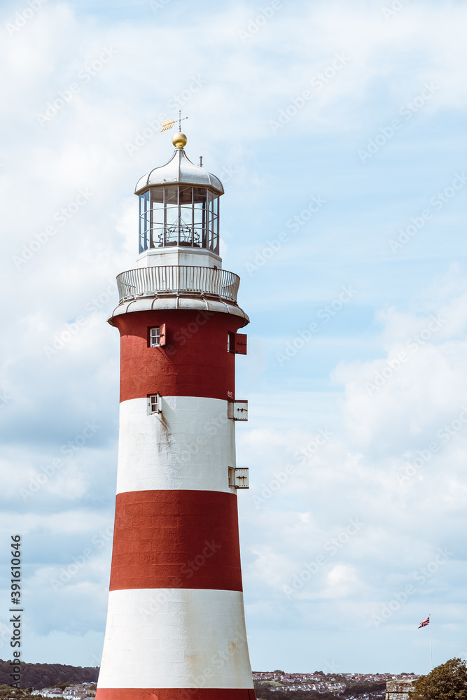 The iconic candy coloured lighthouse at Plymouth Hoe, Devon