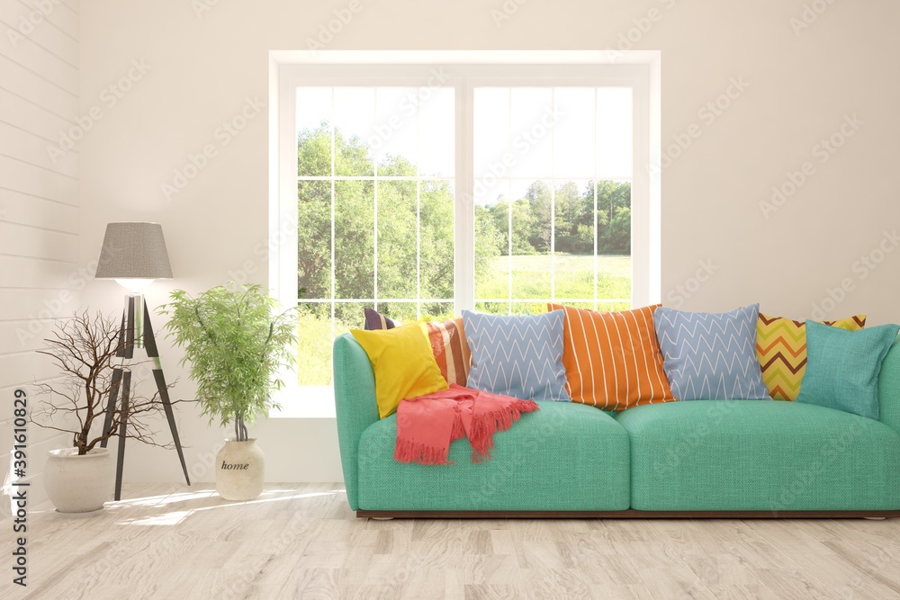 White living room with sofa and summer landscape in window. Scandinavian interior design. 3D illustration White living room with sofa and summer landscape in window. Scandinavian interior design. 3D illustration
