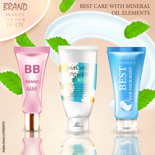 Elegant cream container set, 3D illustration cosmetic plastic bottle template for cream, gel. Realistic vector illustration.