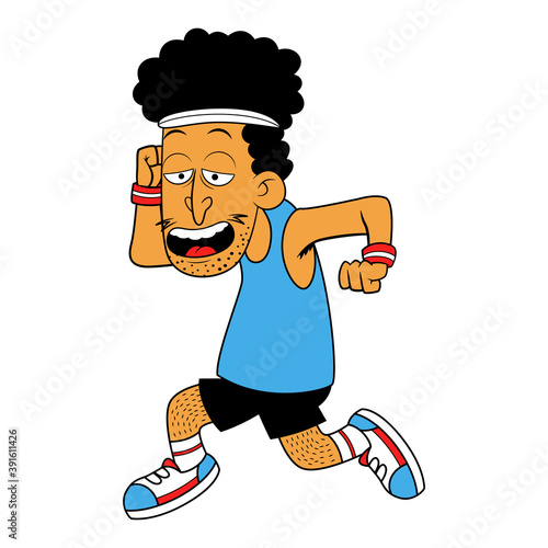 Funny man cartoon characters with frizzy hairstyle wearing 70's sport style while running on Marathon Race, best for sticker, decoration, t-shirt design with seventies themes