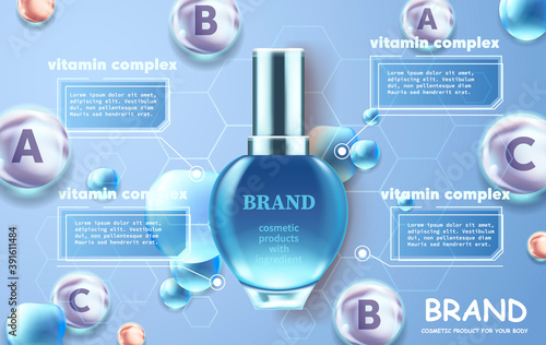 Cosmetic with vitamin complex. Shining golden essence droplet. Beauty treatment nutrition skin care design. Vector illustration.