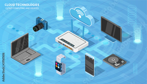 Isometric vector set of computer and keyboard, laptop, tablet pc and smartphone. 3d devices illustration.