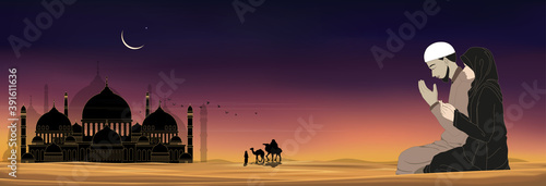 Mosque silhouette with Muslim man and woman making a supplication (salah)sitting on desert sand,Arab family,camel walking,Islamic mosque at night with crescent moon and star, Ramadan Kareem background