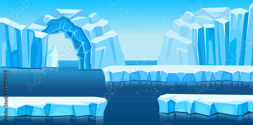 Arctic landscape with icebergs  and sea or ocean. Panorama of antarctica. Vector  cartoon illustration for games and mobile applications.