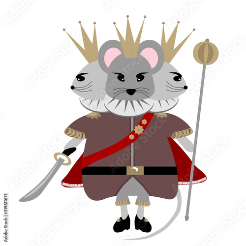 Mouse King ballet Nutcracker, three heads, vector illustration, Christmas collection
