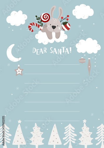 Christmas wish list. Christmas letter template to Santa Claus. Layout in A4 size. Vector illustration.